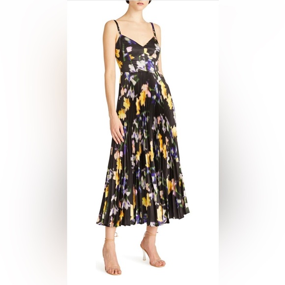Monique Lhuillier Ella Floral Pleated Satin Midi Dress - Picture 1 of 12